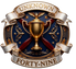 A decorative emblem or crest featuring a large gold trophy cup centered on a dark blue circular background, with crossed dark red elements behind it, ornate gold scrollwork, stars, and two cream banners reading 'UNKNOWN' at the top and 'FORTY-NINE' at the bottom.